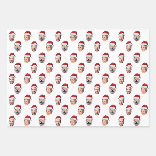 Santa Hat Gepersonaliseerd Gezicht 3 Foto Kerstcad Inpakpapier Vel (Voorkant 3)
