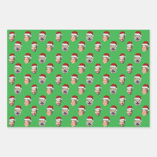 Santa Hat Gepersonaliseerd Gezicht 3 Foto Kerstcad Inpakpapier Vel (Voorkant 2)