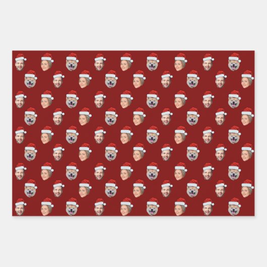 Santa Hat Gepersonaliseerd Gezicht 3 Foto Kerstcad Inpakpapier Vel (Voorkant)