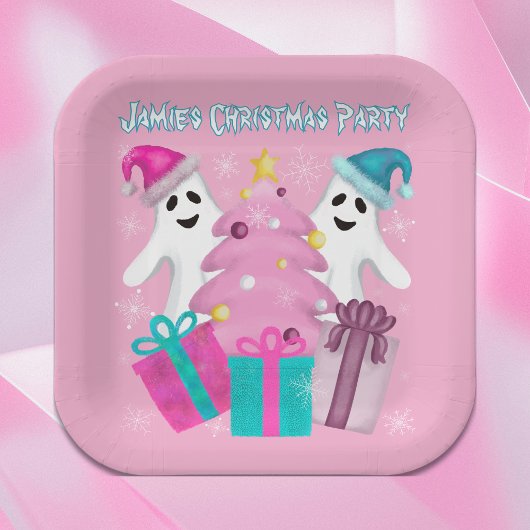 Santa Hat Ghosts met kerstboom en Cadeaus Papieren Bordje