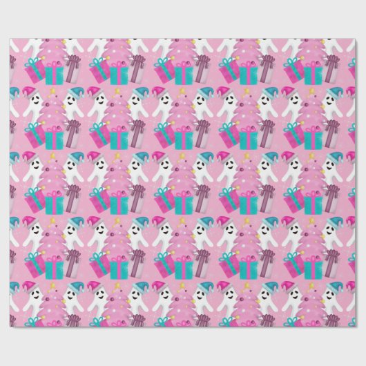 Santa Hat Ghosts with Christmas Tree & Presents Cadeaupapier (Vlak)