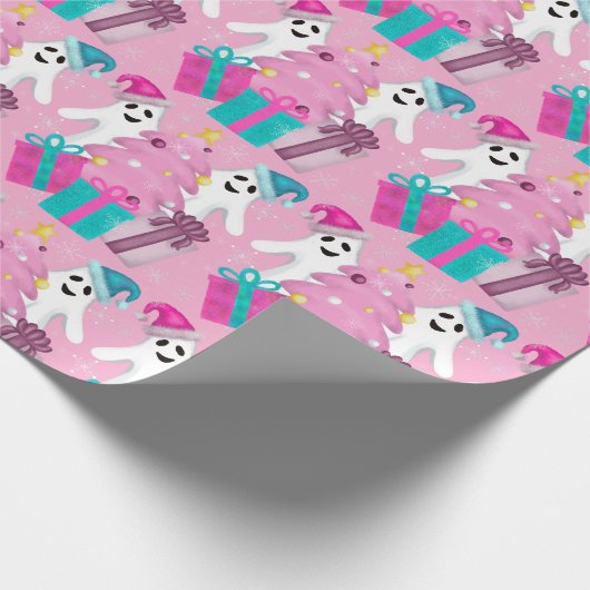 Santa Hat Ghosts with Christmas Tree & Presents Cadeaupapier (Hoek)