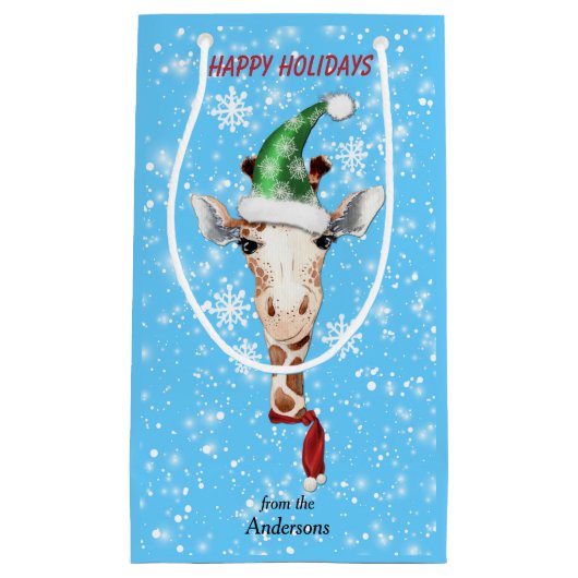 Santa Hat Giraffe Snowflake Blue Klein Cadeauzakje (Voorkant)