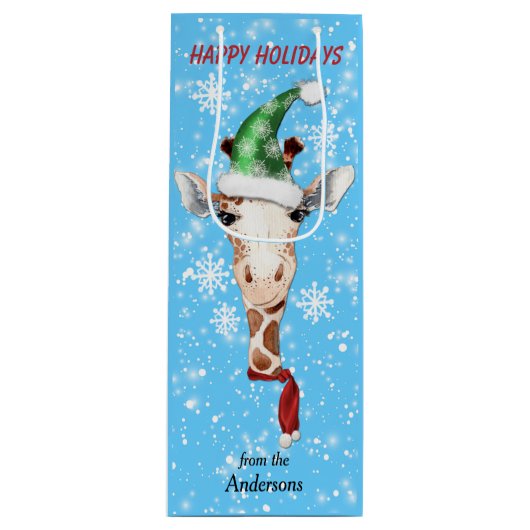 Santa Hat Giraffe Snowflake Blue Wine Gift Bag Wijn Cadeautas (Voorkant)