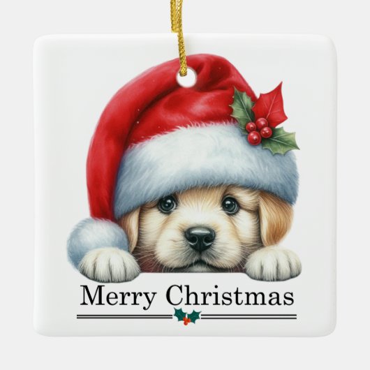 Santa Hat Golden Retriever Puppy Merry Christmas Keramisch Ornament (Voorkant)