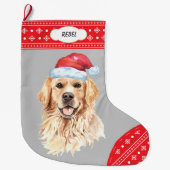 Santa Hat Golden Retriever Snowflake Border Grote Kerstsok (Voorkant)