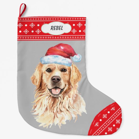 Santa Hat Golden Retriever Snowflake Border Grote Kerstsok (Voorkant)