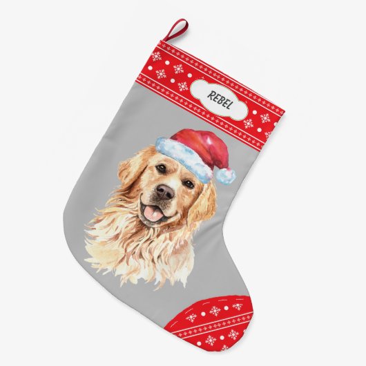 Santa Hat Golden Retriever Snowflake Border Grote Kerstsok (Voorkant (Hangend))