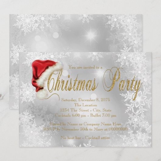 Santa Hat Gouden Sneeuwvlok Kerstfeest Kaart (Voorkant / Achterkant)