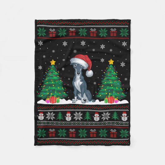 Santa Hat Greyhound Dog Kerstboom Lights Ugly Fleece Deken (Voorkant)