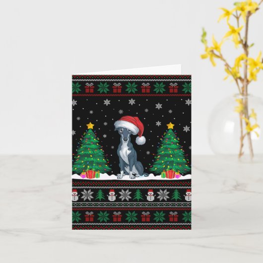 Santa Hat Greyhound Dog Kerstboom Lights Ugly Kaart (Gele Bloem)