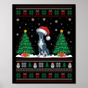 Santa Hat Greyhound Dog Kerstboom Lights Ugly Poster