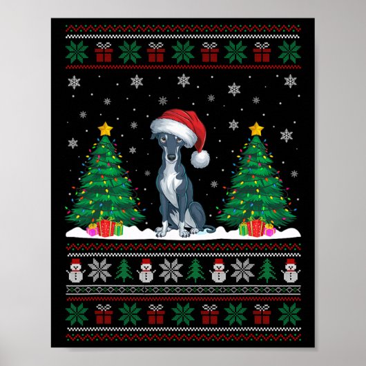 Santa Hat Greyhound Dog Kerstboom Lights Ugly Poster (Voorkant)