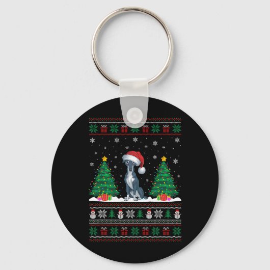 Santa Hat Greyhound Dog Kerstboom Lights Ugly Sleutelhanger (Voorkant)