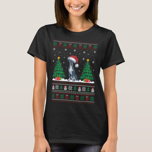 Santa Hat Greyhound Dog Kerstboom Lights Ugly T-shirt (Voorkant)