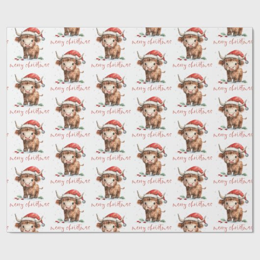 Santa Hat Highland Koe Script Vrolijk Kerstfeest Cadeaupapier (Vlak)