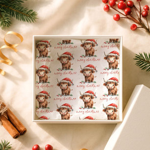 Santa Hat Highland Koe Script Vrolijk Kerstfeest Tissuepapier