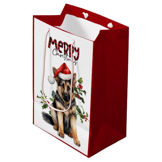 Santa Hat Holly Duitse Herder Puppy Kerstmis Medium Cadeauzakje (Voorkant Gekanteld)
