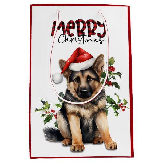 Santa Hat Holly Duitse Herder Puppy Kerstmis Medium Cadeauzakje (Voorkant)
