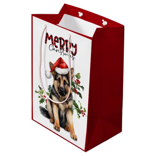 Santa Hat Holly Duitse Herder Puppy Kerstmis Medium Cadeauzakje (Achterkant Gekanteld)