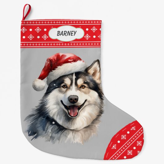 Santa Hat Husky Dog Snowflake Border Grote Kerstsok (Voorkant)