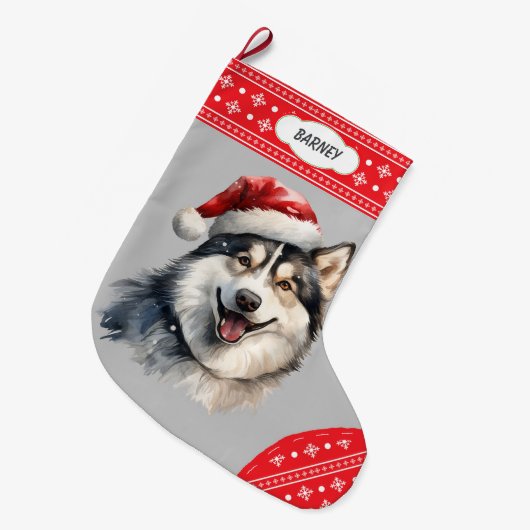 Santa Hat Husky Dog Snowflake Border Grote Kerstsok (Voorkant (Hangend))