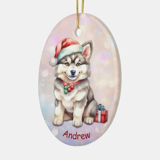 Santa Hat Husky Puppy Kleinzoon Keramisch Ornament (Links)