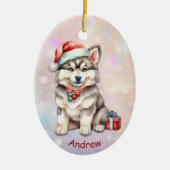 Santa Hat Husky Puppy Kleinzoon Keramisch Ornament (Voorkant)