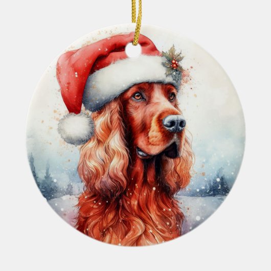 Santa Hat Ierse Setter Hond Kerstmis Keramisch Ornament (Voorkant)