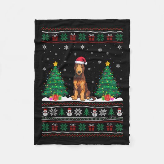 Santa Hat Ierse Wolfshond Hond Xmas Tree Lights Ug Fleece Deken (Voorkant)