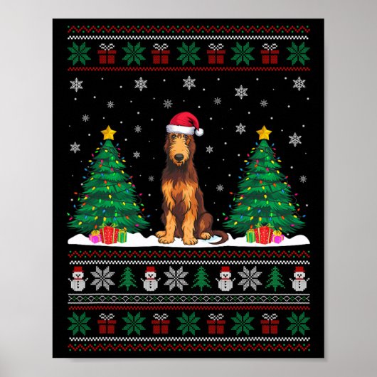Santa Hat Ierse Wolfshond Hond Xmas Tree Lights Ug Poster (Voorkant)