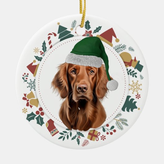 Santa Hat Irish Setter Vakantie Afbeeldingen krans Keramisch Ornament (Voorkant)