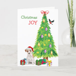 Santa Hat Jack Russell Terrier and Holiday Tree Feestdagen Kaart
