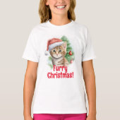  Santa Hat Kat Tekening Kerstmis T-shirt (Voorkant)