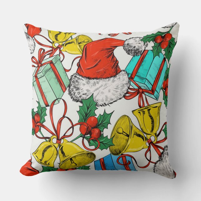 Santa Hat, kerstheilig, geschenken en klokken Kussen (Voorkant)