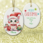 Santa Hat Kitten Kinder Keramische Ornament<br><div class="desc">Op de voorkant van dit aandenken keramische ornament voor een kind is een schattige tabby kitten met een kerstmuts. Het heeft een groep felgekleurde Holiday tree bulb decoraties ernaast. Op de achterkant van het ornament staat een vrolijk kerstbericht, de naam van je kind en je handtekening. Perfect voor een dochter,...</div>