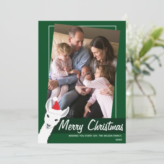 Santa Hat Llama Groen Wit Gekanteld Foto Feestdagenkaart (Staand voorkant)