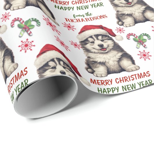 Santa Hat Malamute Puppy Dog Kerstmis Cadeaupapier (Rol Hoek)