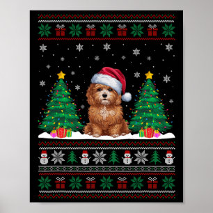 Santa Hat Maltipoo Hond Kerstboom Lights Ugly Poster