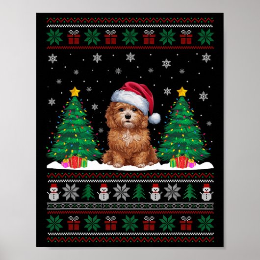 Santa Hat Maltipoo Hond Kerstboom Lights Ugly Poster (Voorkant)