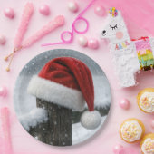 Santa Hat On a Snowy Fence Post Papieren Bordje (Feest)