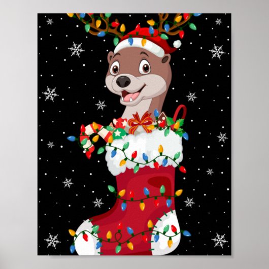 Santa Hat Otter Animal In Socks Xmas Tree Lights T Poster (Voorkant)