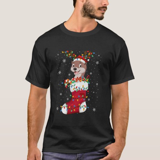 Santa Hat Otter Animal In Socks Xmas Tree Lights T-shirt (Voorkant)
