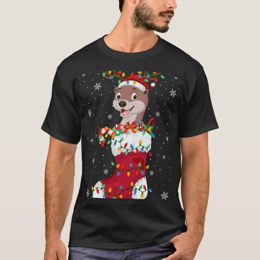 Santa Hat Otter Animal In Socks Xmas Tree Lights T T-shirt (Voorkant)
