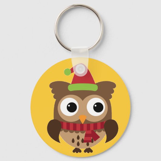 Santa Hat Owl met Red Scarf Button Sleutelhanger (Voorkant)