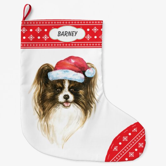 Santa Hat Papillon Dog Snowflake Border Grote Kerstsok (Voorkant)