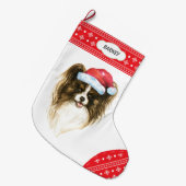 Santa Hat Papillon Dog Snowflake Border Grote Kerstsok (Voorkant (Hangend))