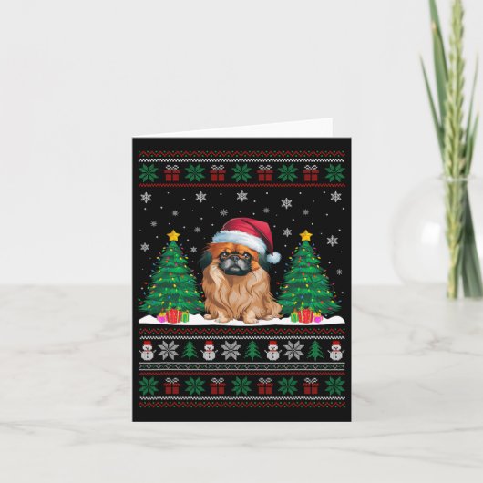 Santa Hat Pekingese Hond Kerstboom Lights Ugly Kaart (Voorkant)