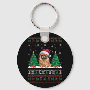 Santa Hat Pekingese Hond Kerstboom Lights Ugly Sleutelhanger