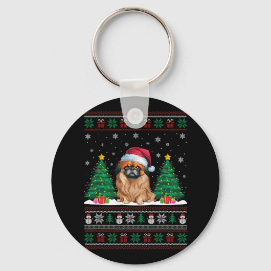 Santa Hat Pekingese Hond Kerstboom Lights Ugly Sleutelhanger (Voorkant)